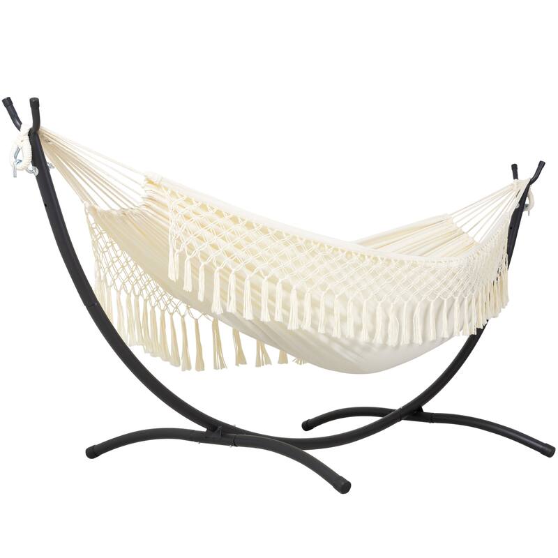 9.35 ft. 2-Person Brazilian-Style Foldable and Portable Outdoor Hammock Bed with Stand Set - 112.2 in.* 44.1 in. *40.9 in. - Natural Tassel