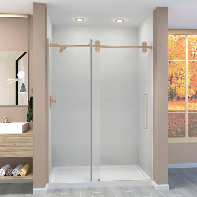 Teegan Plus 59 in. W x 80 in. H Sliding Door with Fixed Panel Semi-Frameless Shower Door with Clear Glass