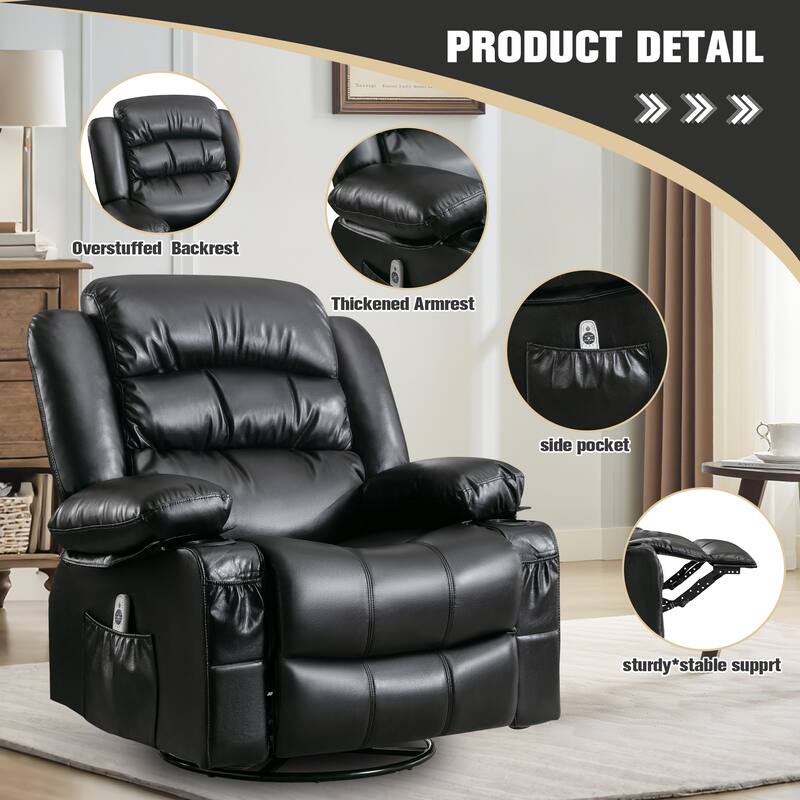 Recliner Chair with Massage & Heat, PU Leather Swivel Recliner, Electric Recliner with Side Pocket 2 Cup Holders & USB Port