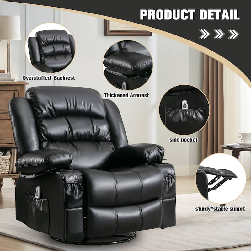 Swivel Recliner Chair with Massage & Heat, Single Sofa with Cup Holders & USB Charge Port, Ergonomic Lounge Sofa Chair