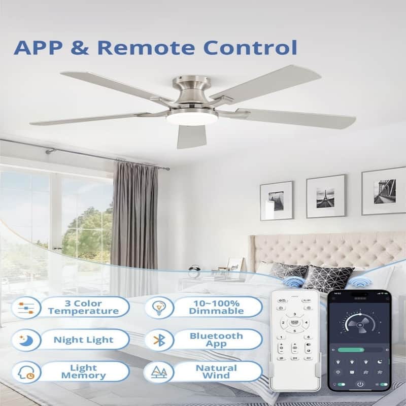 20W Dimmable LED Ceiling Fan with Light, App & Remote Control, Flush Mount Low Profile, Quiet Reversible Motor for Bedroom