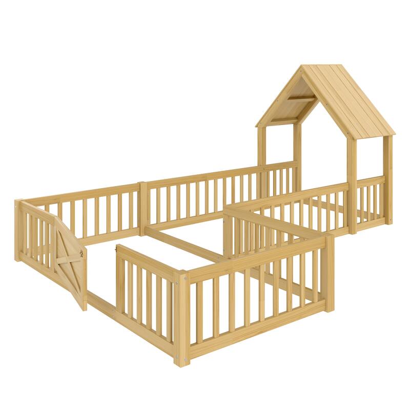 Montessori Floor Bed for Toddler Kids, L Shape House Bed with Door and Guardrails, Double Bed Frame Design for Sleeping and Play