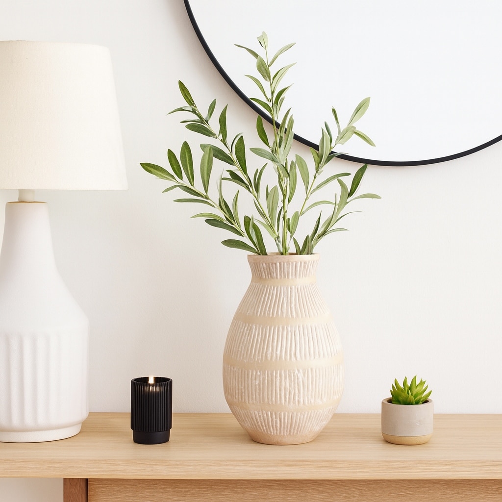 Ceramic Modern Round Flower Vase with Lines - Ivory