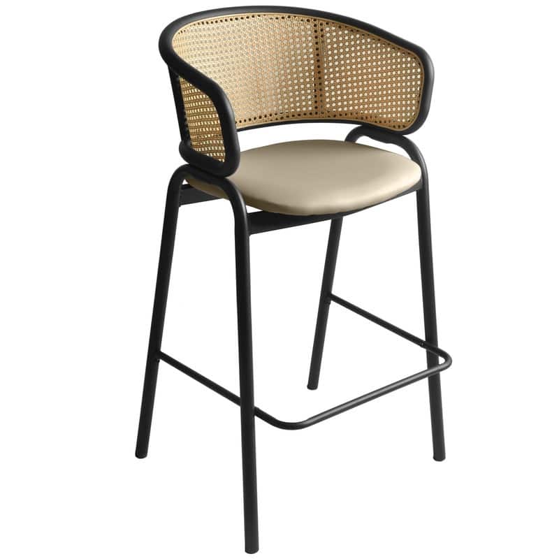 Ervilla Modern Leather Bar Stool with Curved Wicker Backrest & Black Powder-Coated Finish Steel Frame for Home & Kitchen Dining