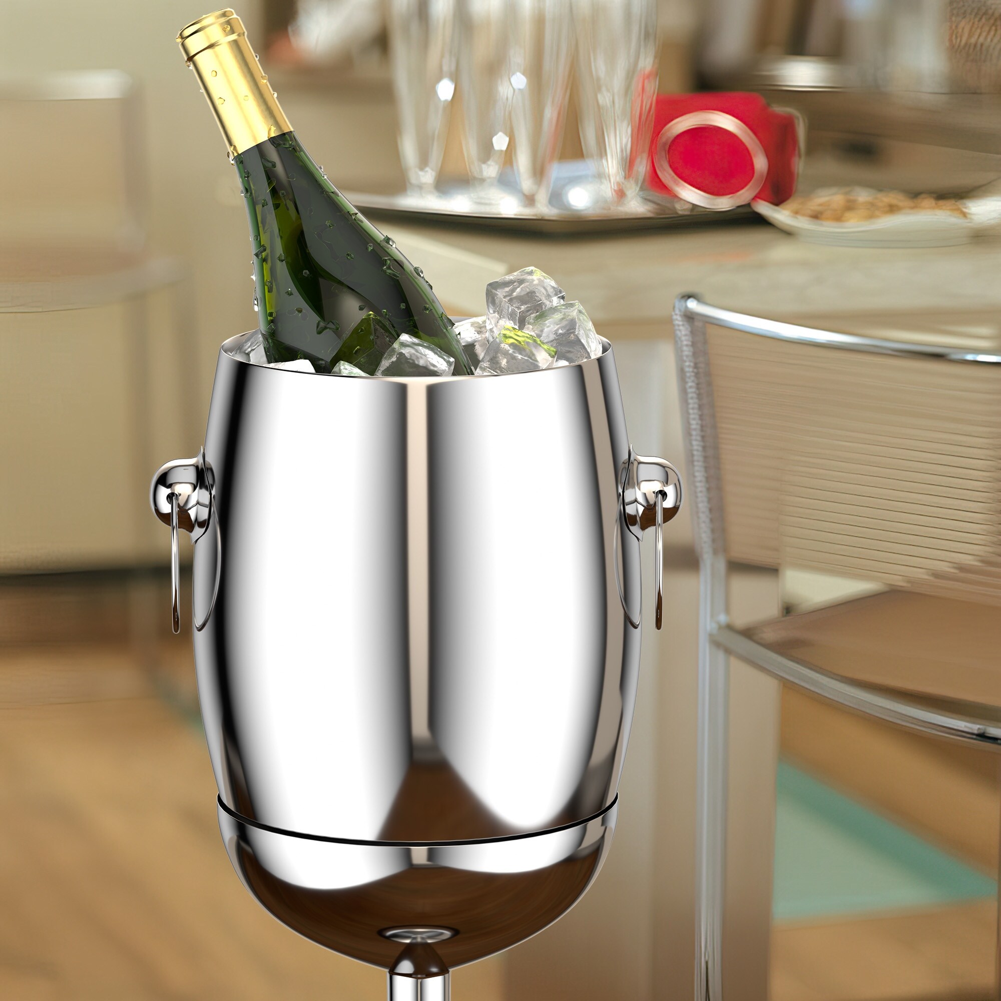 Stainless Steel Traditional Ice Bucket w Stand Wine Holder 10.2L x 10.2W x 37.8H