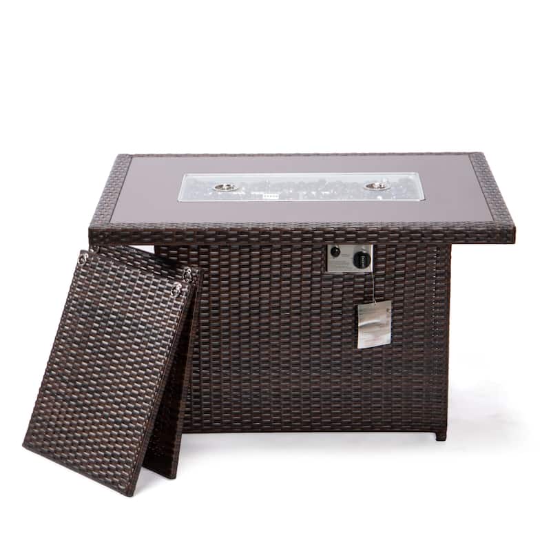 LeisureMod 44" Outdoor Fire Pit Table with 55,00 BTU - Rectangular Wicker Rattan Table for Lounge Porch Backyard Patio Decor