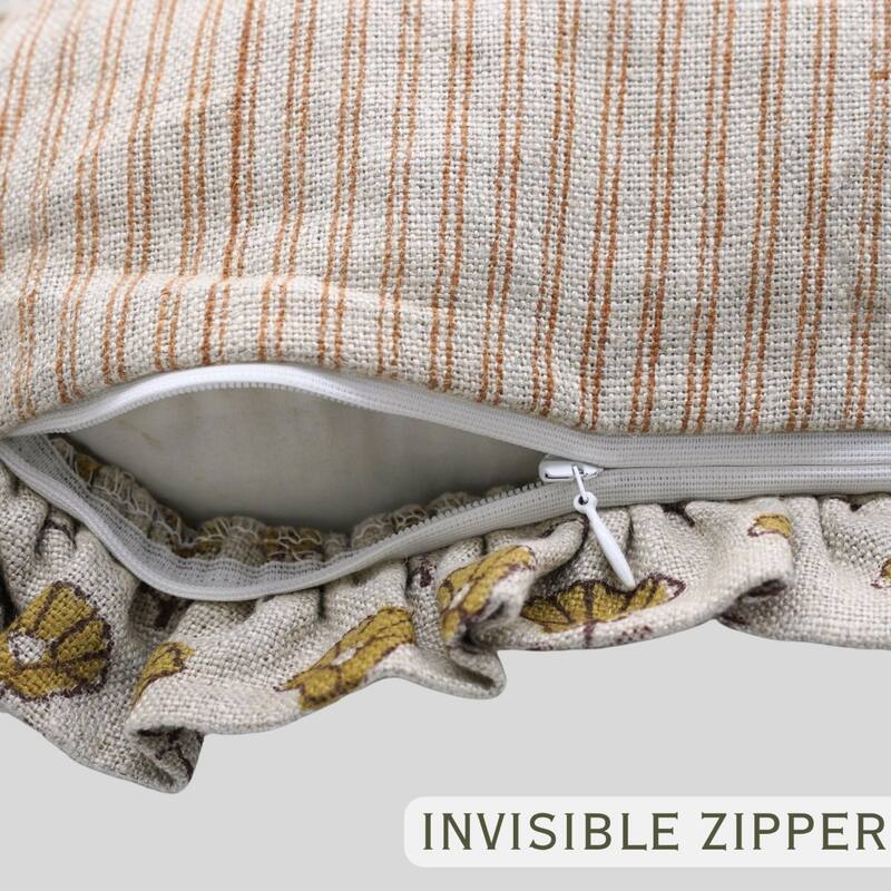 Fabdivine Heavy Linen Floral Ruffled Both Side Cushion Cover Home Décor Accent