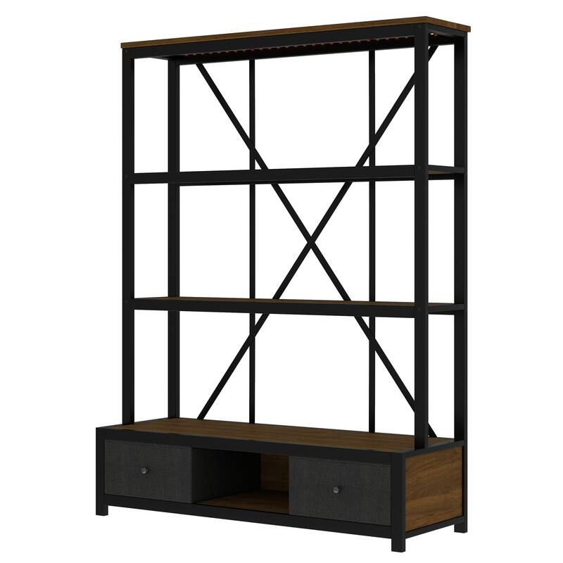 3-Shelf Metal Bookcase with Drawers for Home Office, Open Bookcase, Vintage Industrial Style Bookcase with LED