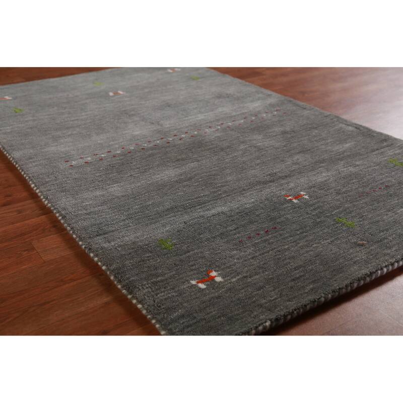 Hand Knotted Oriental 100% Wool Carpet Tribal Animal Pictorial Greys & Charcoal Gabbeh Area Rug - 4' 10'' X 3' 0''