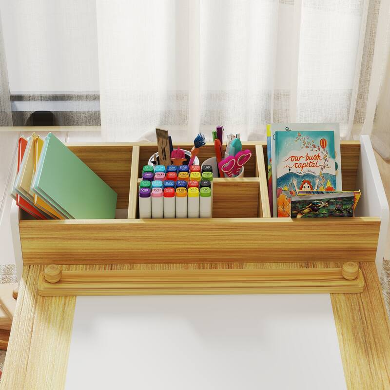 Qaba Kids Desk and Chair Set with Paper Roll, Kids Art Table and Chairs Set with Storage Shelves, Activity Craft Table
