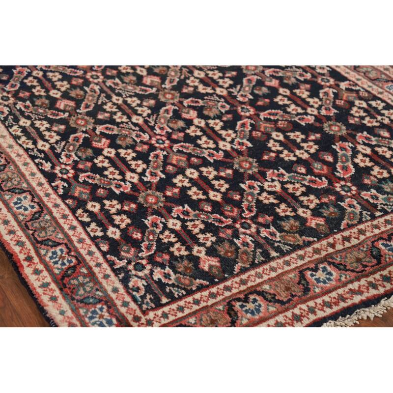 Geometric Mahal Vintage Persian Runner Rug Handmade Wool Carpet - 3'5" x 11'1"