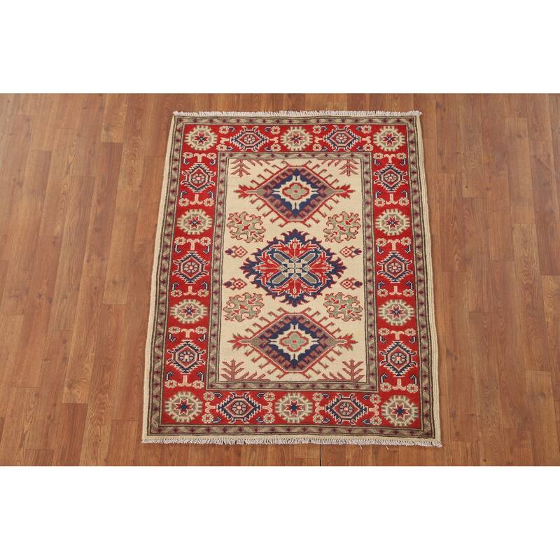 Geometric Kazak Accent Rug Hand-Knotted Beige Wool Carpet - 3'2" x 4'1"