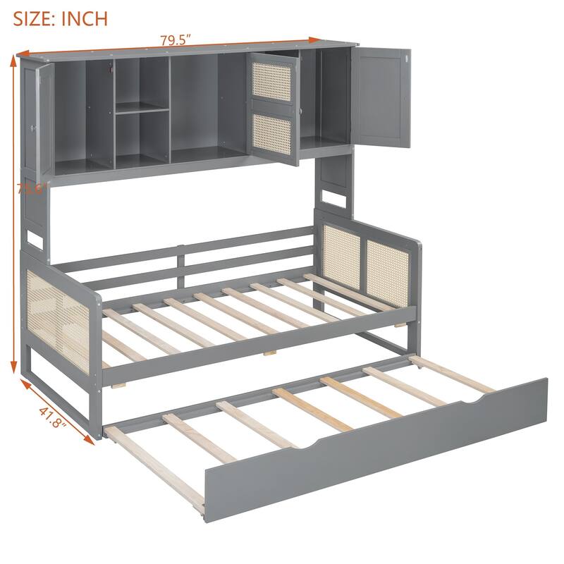 Wooden Twin/Full Daybed with Trundle Bed, Storage Shelves and Cabinet, No Box Spring Required, Rattan Design