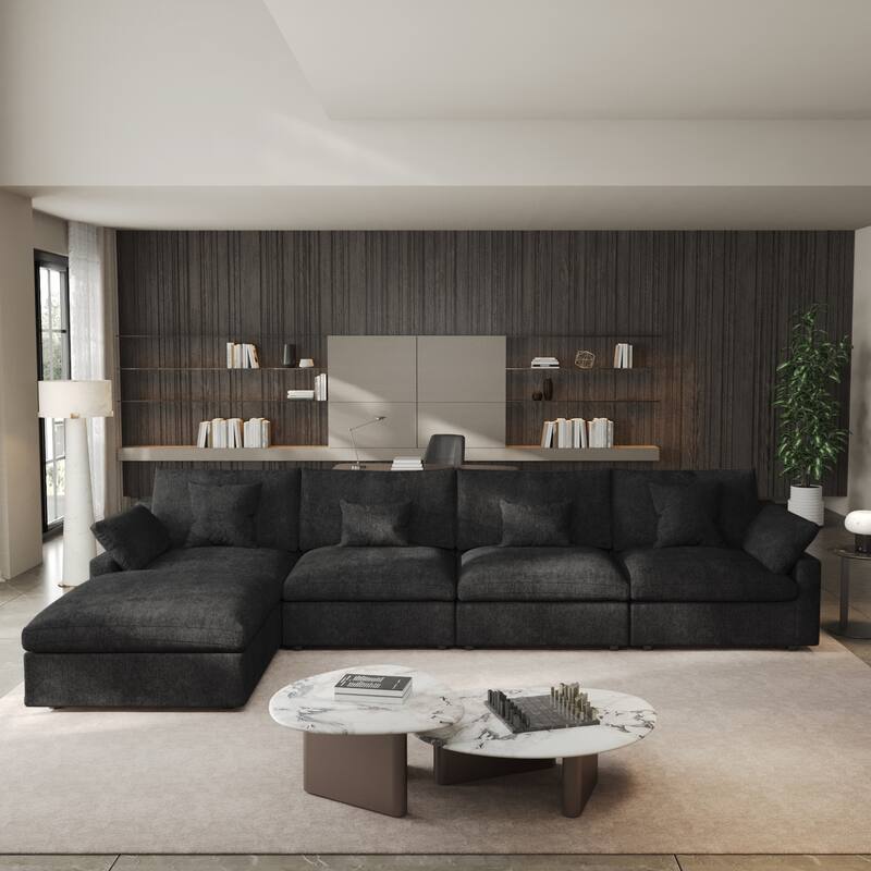 155.9" L-shaped Modern Linen Sectional Modular Sofa 4-Seater Down Filled Cloud Couch with Ottoman