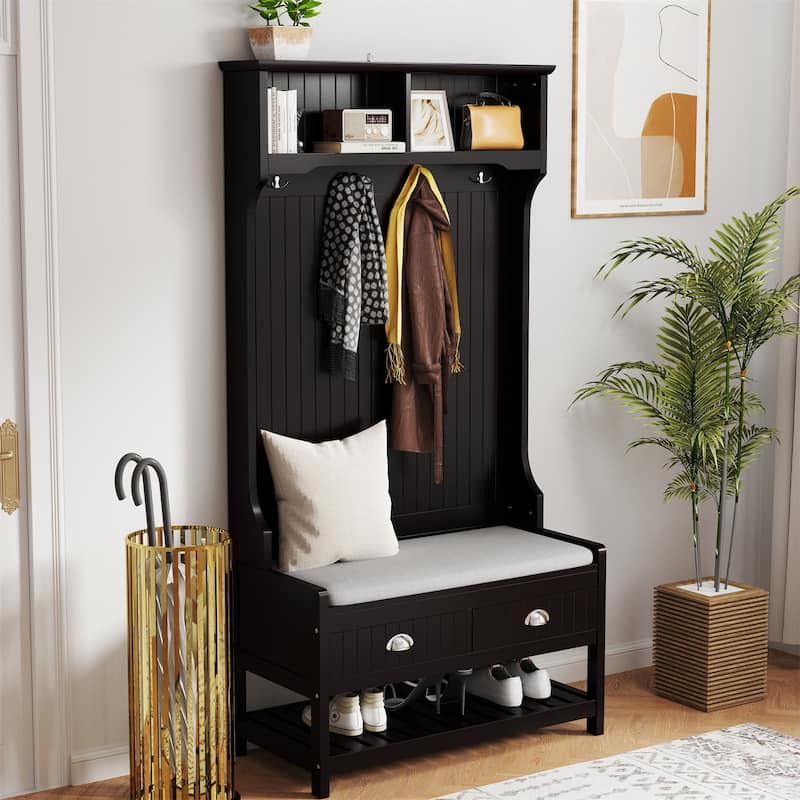 3-in-1 Wood Coat Rack with 2 Storage Drawer and Padded Seat Cushion