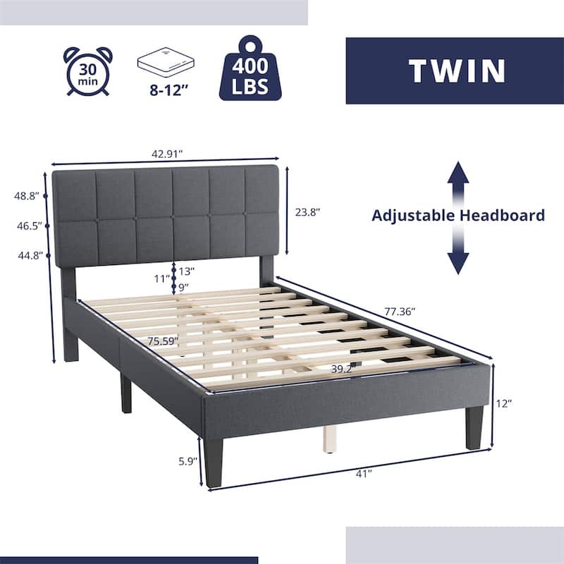 Twin Bed Frame Upholstered Platform with Headboard and Strong Wooden Slats,No Box Spring Needed, Easy Assembly