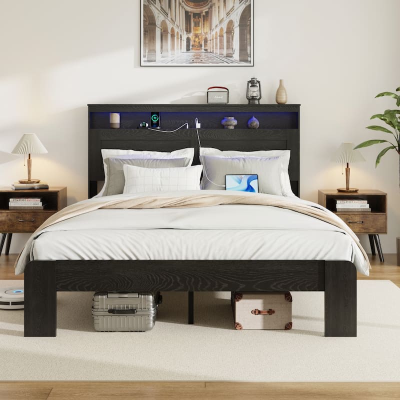 Wood Platform Bed Frame with Storage LED Light Headboard and 2 USB - Black - King