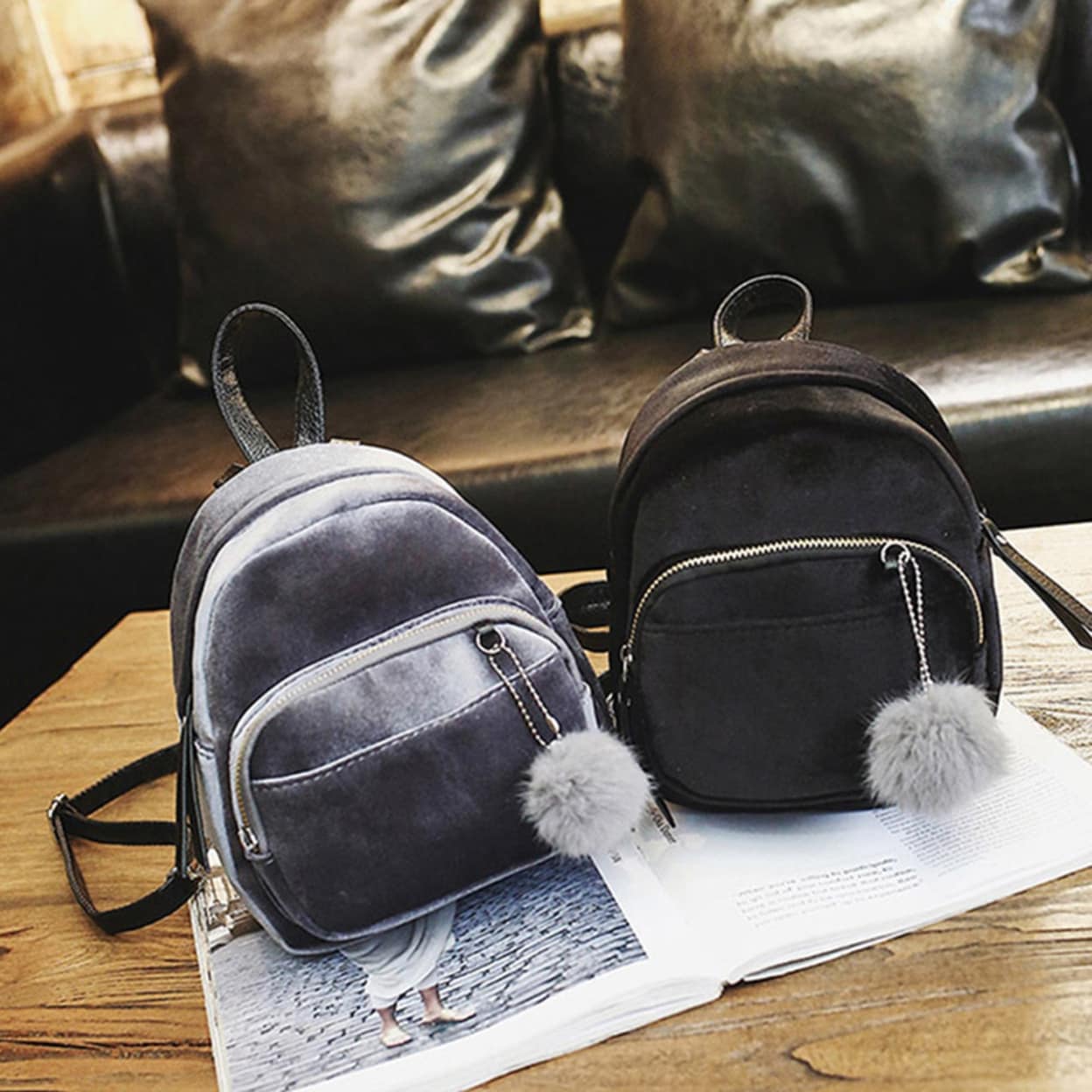 Shop Women Faux Leather Simple Fur Ball Shoulder School Travel Bag