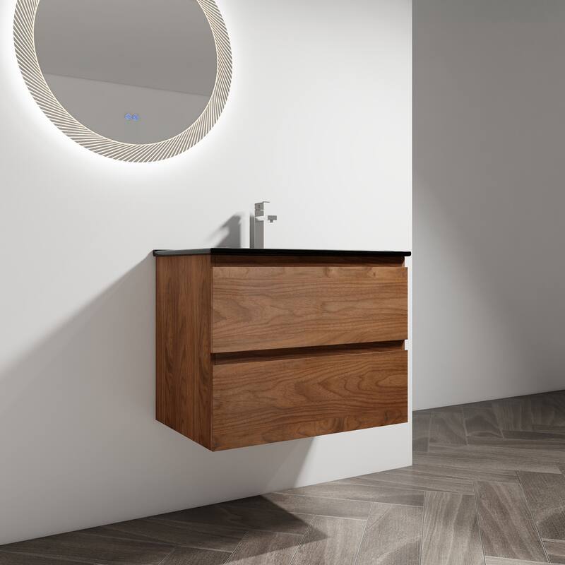 Modern 24" Floating Bathroom Vanity with Black Ceramic Basin, Soft-Close Drawers, Water-Resistant Melamine Surface