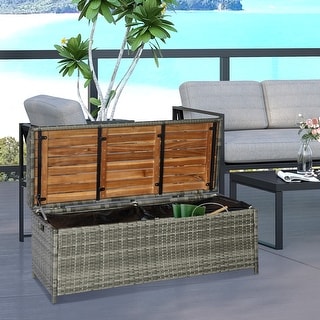 Outsunny Outdoor Storage Bench Wicker Deck Boxes with Wooden Seat, Gas Spring, Rattan Container Bin with Lip