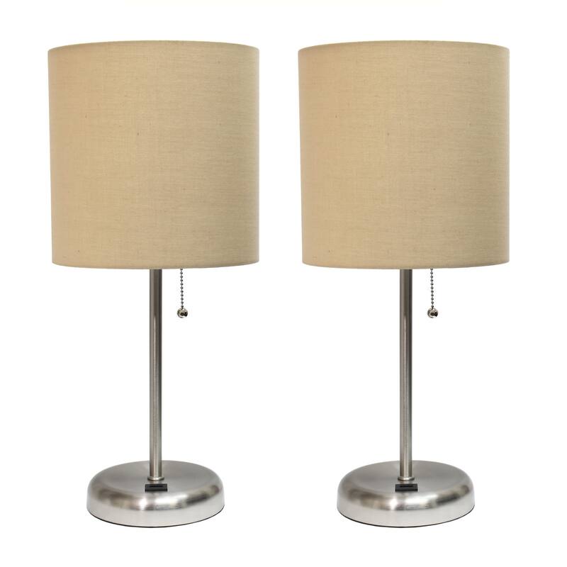 19.5 in. Brushed Steel Finish Table Lamp with Beige Shade, Durable Stick Lamp for End/Side Tables, Set of 2