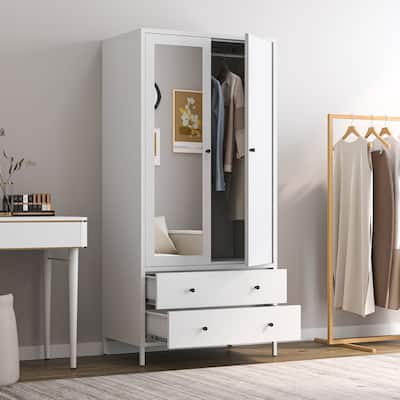 Metal Armoire Wardrobe with Mirror Door, Hanging Rod & 2 Drawers, Clothing Storage Cloest Cabinet Garment Organizer