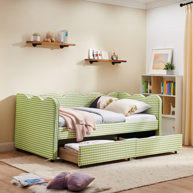 Twin Size Gingham Linen Upholstered Daybed with 2 Storage Drawers, USB Charging Station & Waved Arms