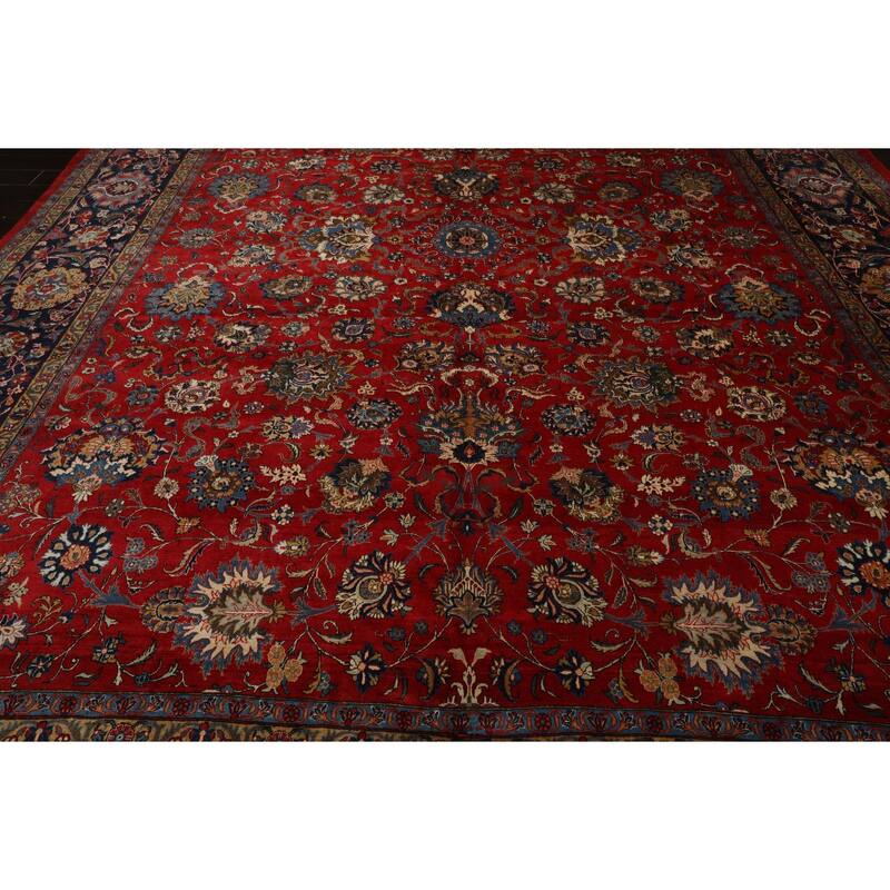 12'5''x16'5'' Hand Knotted Wool 300 KPSI Red Traditional Botanical Kerman Rug - 12' 5'' x 16' 5''
