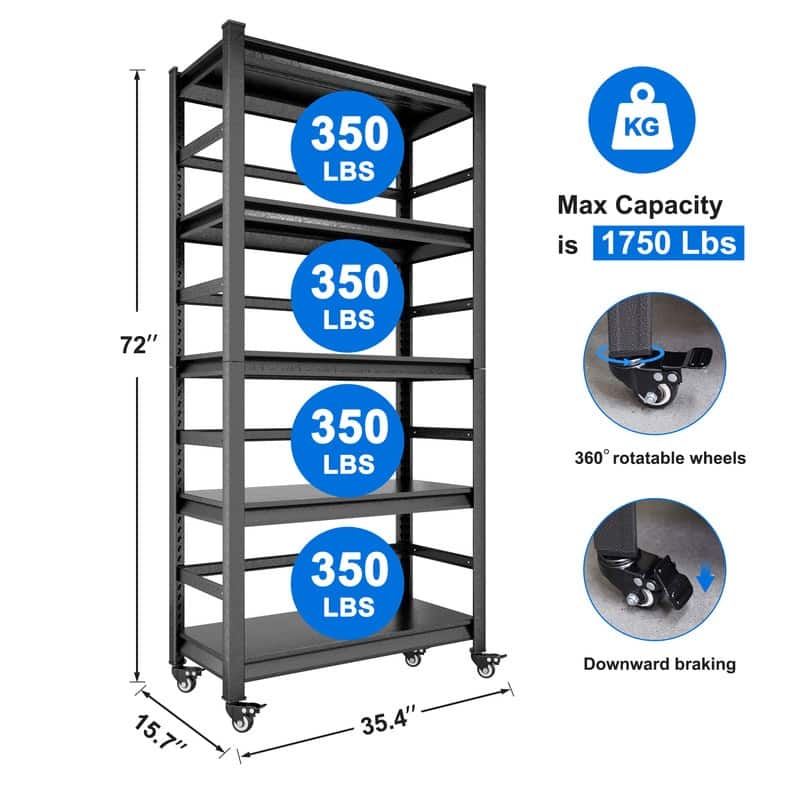 5-Tier Metal Shelving Unit Adjustable with Wheels 1750LBS Capacity