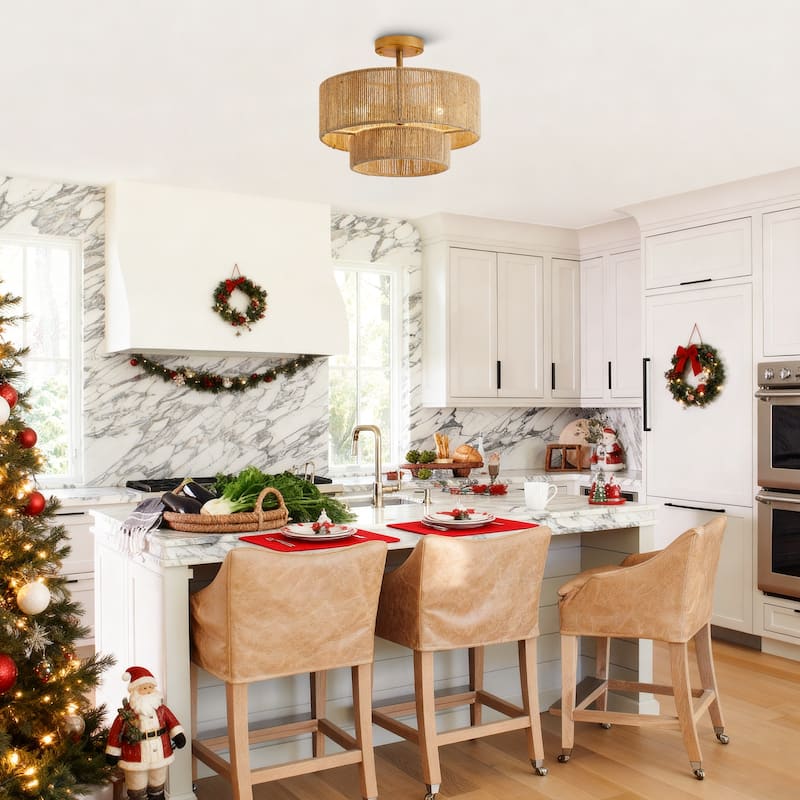 Bohemian Gold Natural Handmade Jute Rope 3-Light Two-Tier Drum Semi-Flush Mount Ceiling Light - 15.4" W x 12.6" H