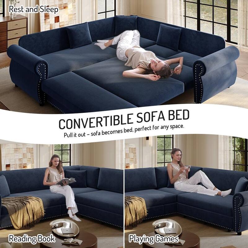 Homy Casa L-Shaped Sectional Sofa w/ Pull-Out Bed, Chenille Sleeper Couch w/ Nailhead Trim & Rolled Arm, Oversize