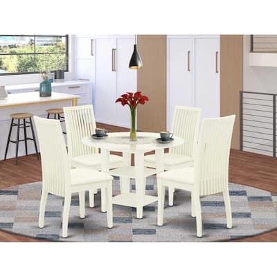 5-Piece Linen White Finish Solid Wood Top - Round Dining Room Set - Seats 4