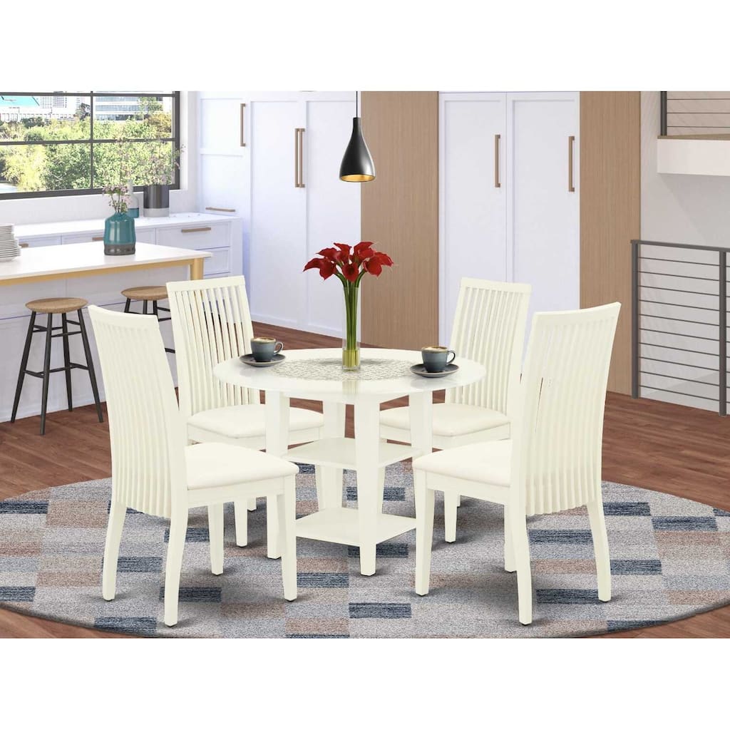 5-Piece Linen White Finish Solid Wood Top - Round Dining Room Set - Seats 4