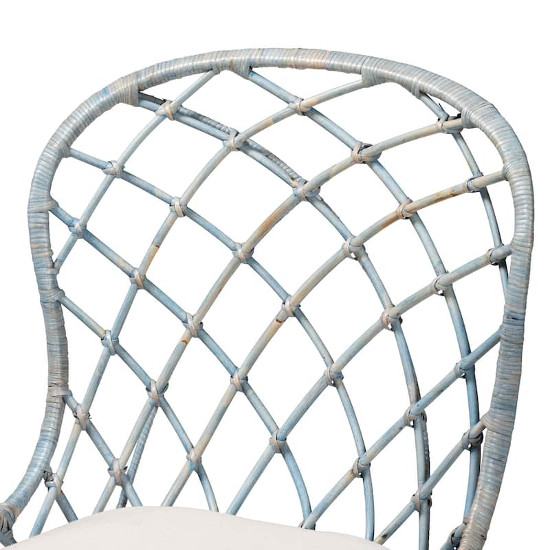 Sabelle Modern Bohemian Natural Brown Finished Teak Wood and Light Blue Rattan 2-Piece Dining Chair Set