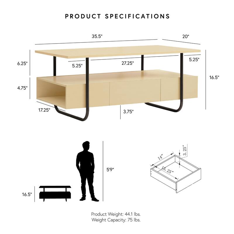 DH BASIC Modern Light Maple 36-inch Coffee Table with Metal Legs by Denhour