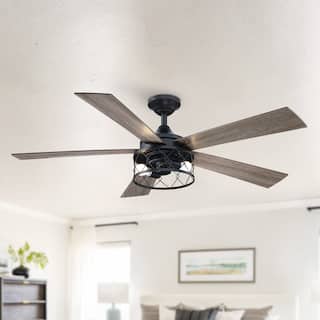 BreezeLite 52" Black Farmhouse 5-Blade LED Downrod Mounted Ceiling Fan