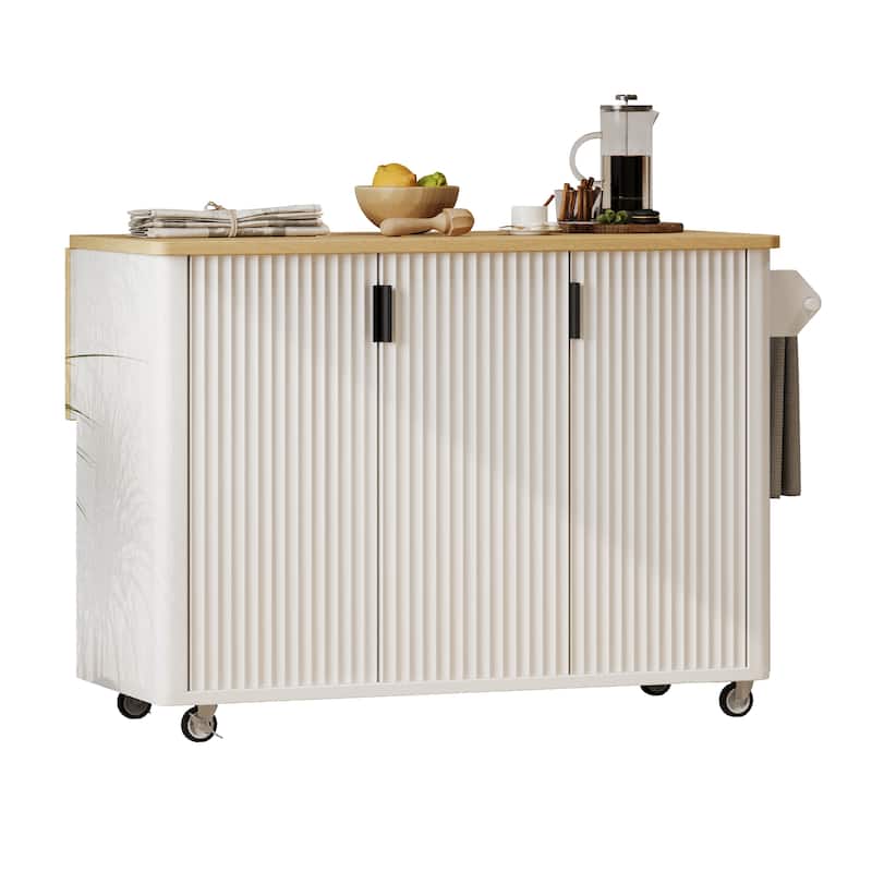 Anmytek 51" Fluted Rolling Kitchen Island with Drop Leaf & Storage, White Ash Farmhouse Cart with Towel Rack