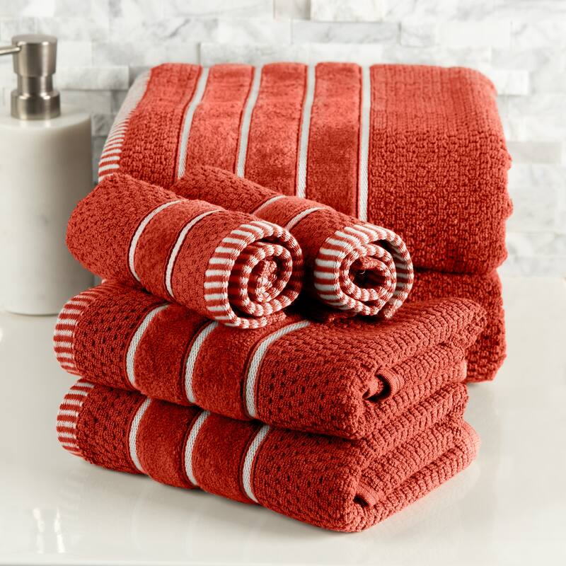 6-Piece Towel Set - Combed Cotton Rice Weave Bathroom Accessories by Lavish Home (Brick)