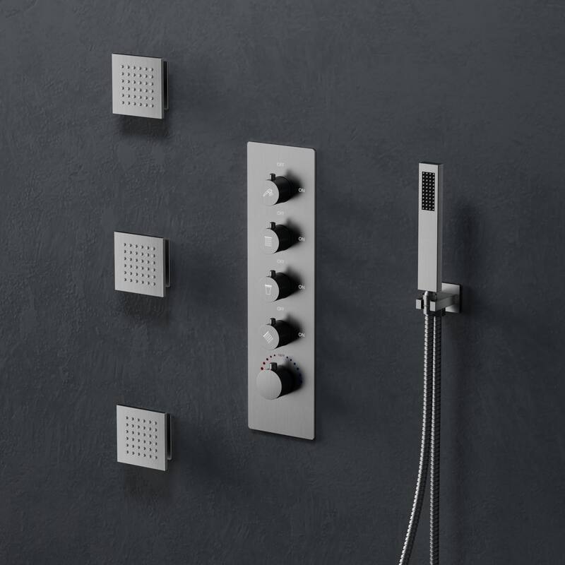 GRANDJOY Thermostatic Shower System 20" Ceiling Mount Shower Head Handheld Spray and Body Jets Combo LED Music