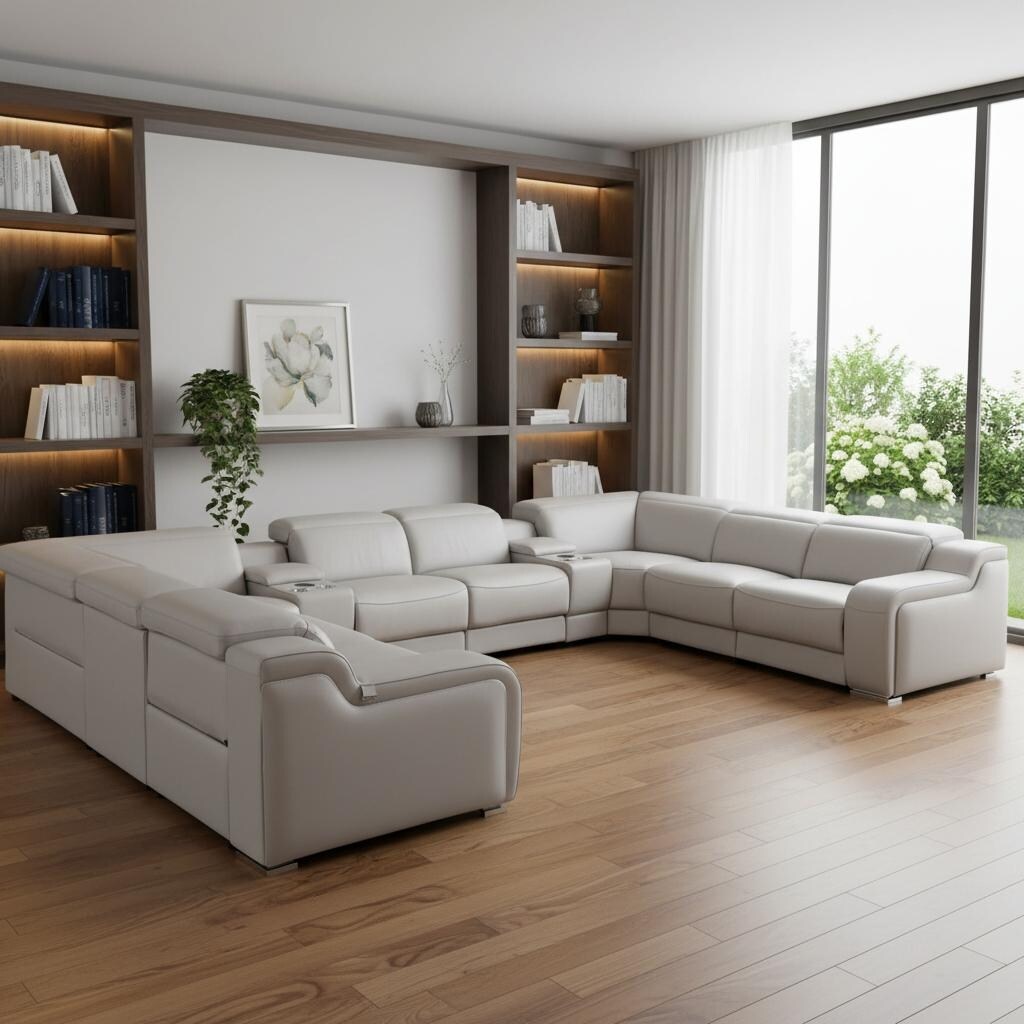 HomeRoots Light Gray Italian Leather Power Reclining U Shaped Ten Piece Corner Sectional With Console