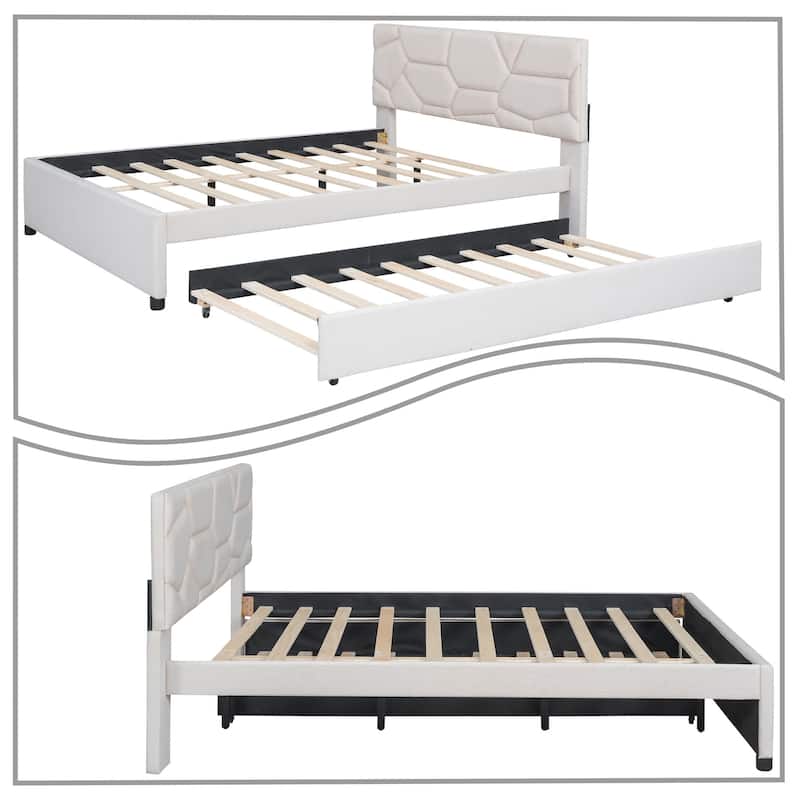 Modern Stylish Linen Fabric Upholstered Platform Bed with Trundle Bed