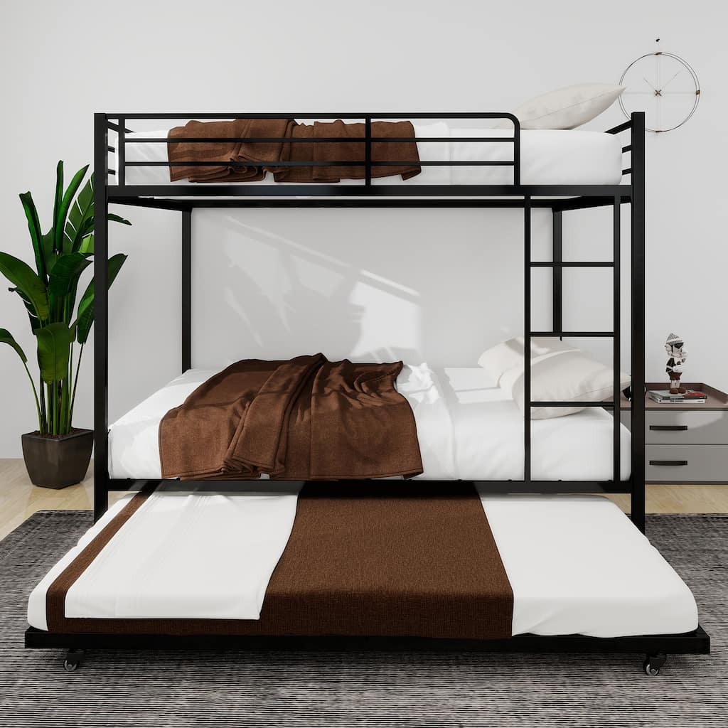 Modern Minimalist Iron Bunk Bed with Safety Rails, Trundle, and Easy Assembly for Kids, Guests, or Shared Spaces