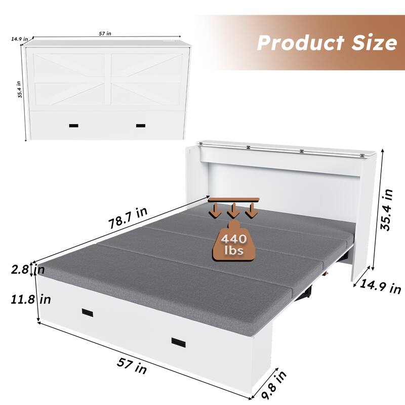 57" Murphy Bed with Storage Drawers & Charging Cabinet - Folding, Wheeled & Noise-Free for Guest Room, Living Room, Office