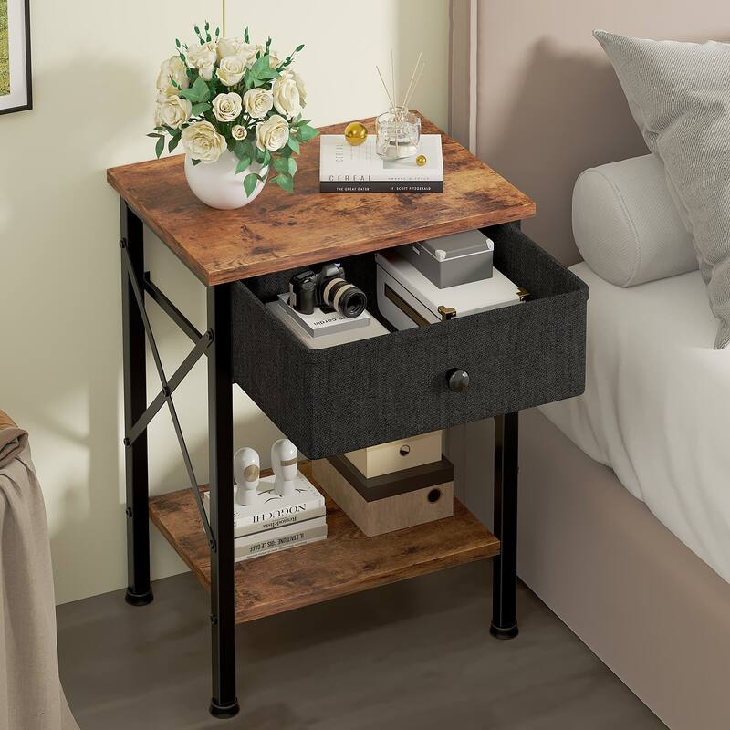 VECELO X Frame Nightstand with Removable Fabric Drawer Easy to Clean Nightstand Multifunctional End Table with Open Shelf