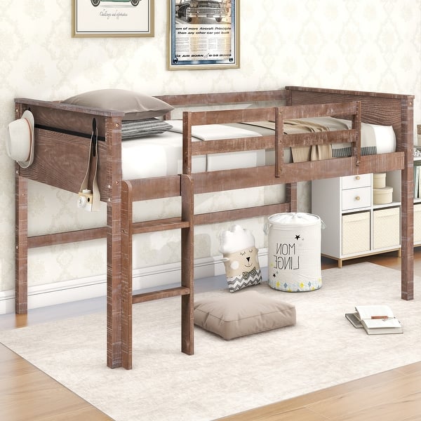 slide 2 of 15, Twin Size Low Loft Bed with Hanging Clothes Racks for Boys Girls, Concise Wood Kids Bed Frame(No Box Spring Needed), Brown Brown - Twin