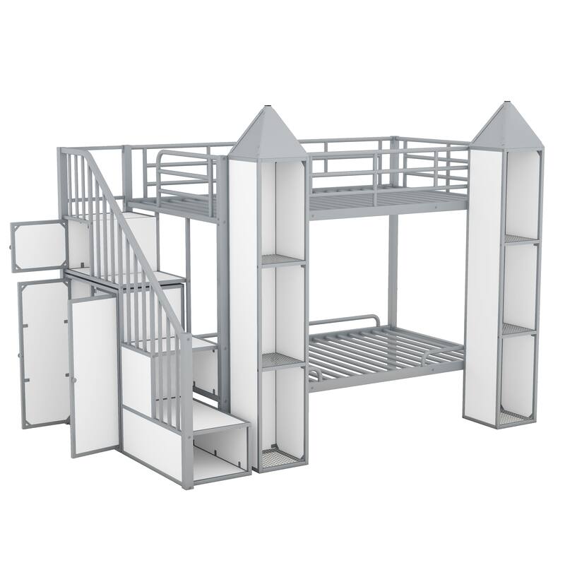 Twin Metal Castle Bunk Bed with Wardrobe, Staircase, and Cabinets