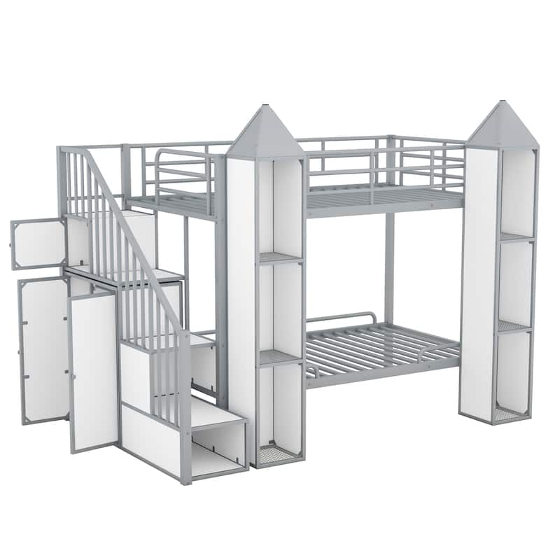 Twin Over Twin Size Bunk Bed w/Storage Shelves,Wardrobe,Metal Bedframe