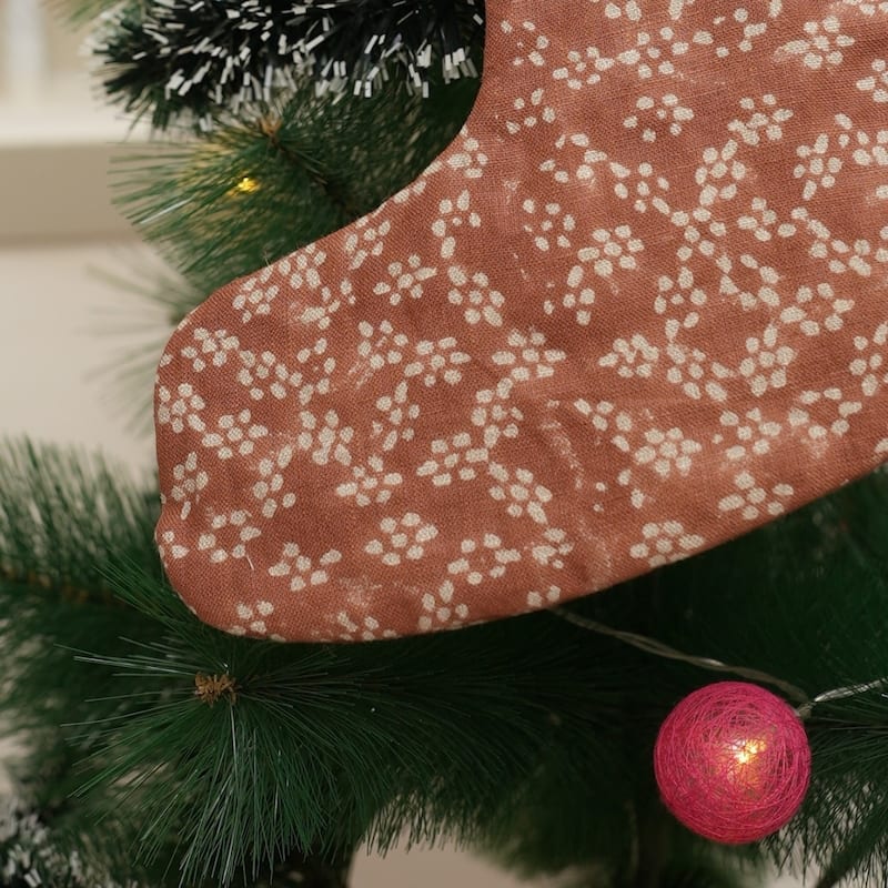 Fabdivine Hand Block Floral Print Christmas Knit Stockings, Home Decorative Gift Use - 16"X6.5" - Ola Varshti- Chocolate Brown - Christmas Stockings