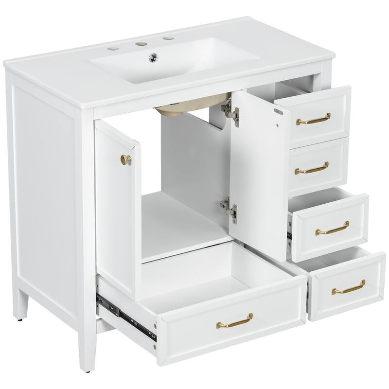 36" Bathroom Vanity with Sink, Bathroom Cabinet with Soft-Closing Door, 4 Drawers of Different Sizes, Solid Wood Frame and Leg
