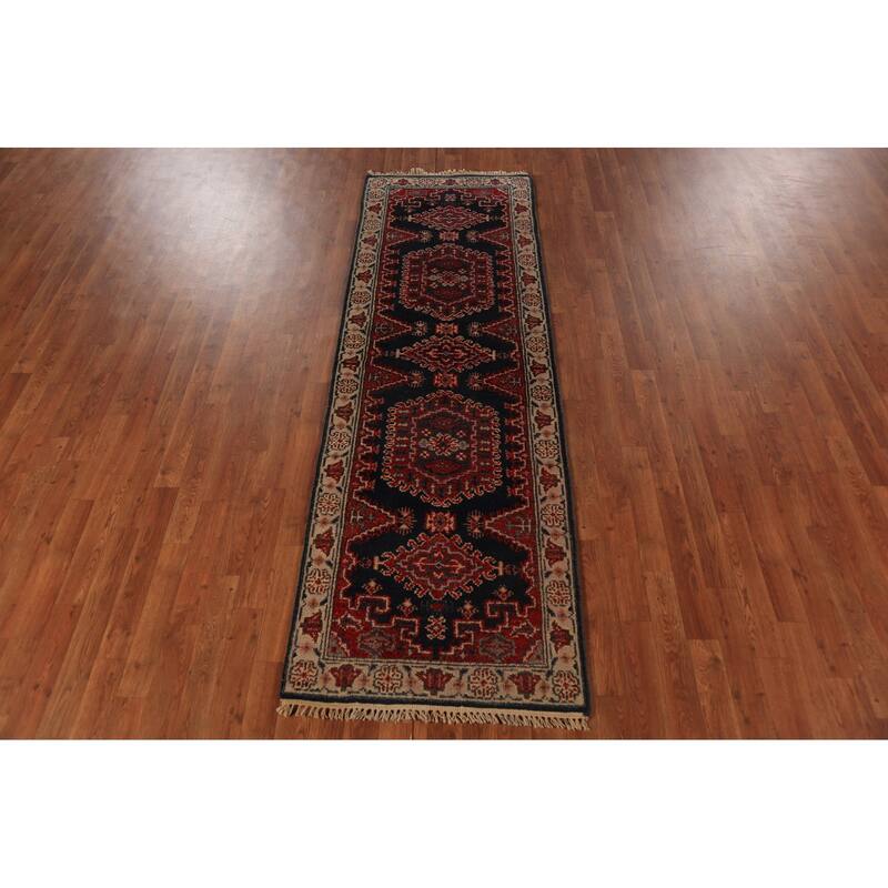 Geometric Viss Indian Runner Rug Handmade Wool Carpet - 2'7"x 8'0"